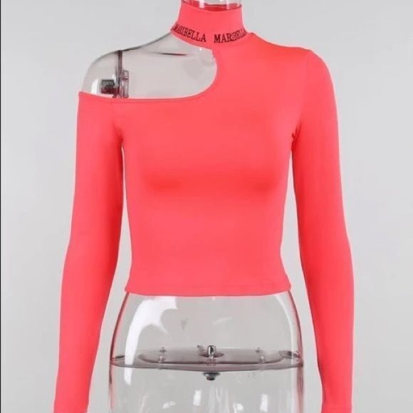 Women Cut-Out Crop Top Size M Magenta Asymmetric Shoulder Logo Maribella Stretch - Picture 4 of 9